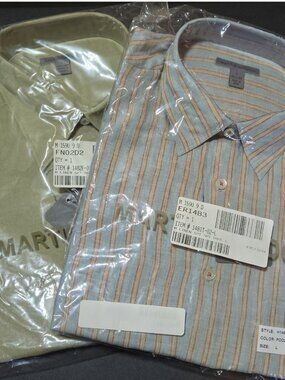 2 Martin Gordon 100% Linen Long Sleeve Shirts Solid Green & Striped Blue NEW